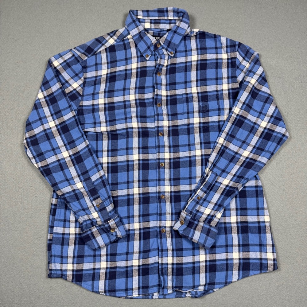 Chaps Brushed Flannel Shirt Mens XL Blue Plaid Cotton Button Down Long Sleeve